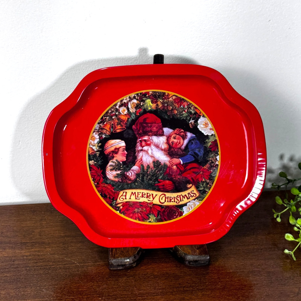 Vintage Christmas Santa Children Metal Tin Tray Red Scalloped A Merry Christmas
